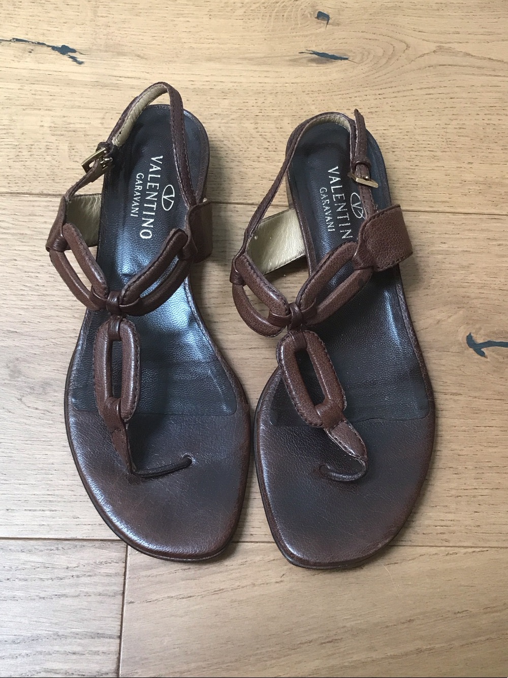 Valentino Garavani Brown Leather Linked T-Strap Sandals
